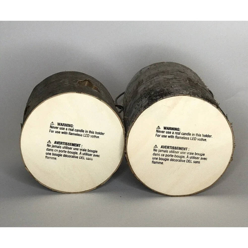 Set of 2 Birch Bark Wood Log Star Cutout Candle Holders Rustic Nature Decor NEW